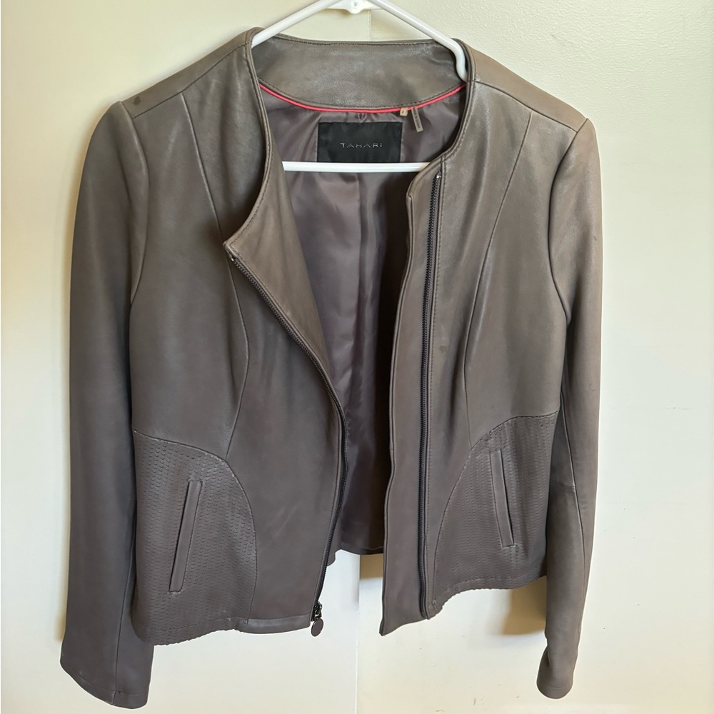 Tahari Gray Leather Jacket